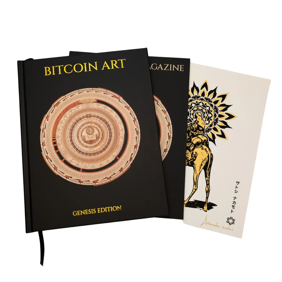 Main product image for "Bitcoin Art: Genesis Edition" by Bitcoin Art Magazine including the book, complimentary art print, and bonus magazine