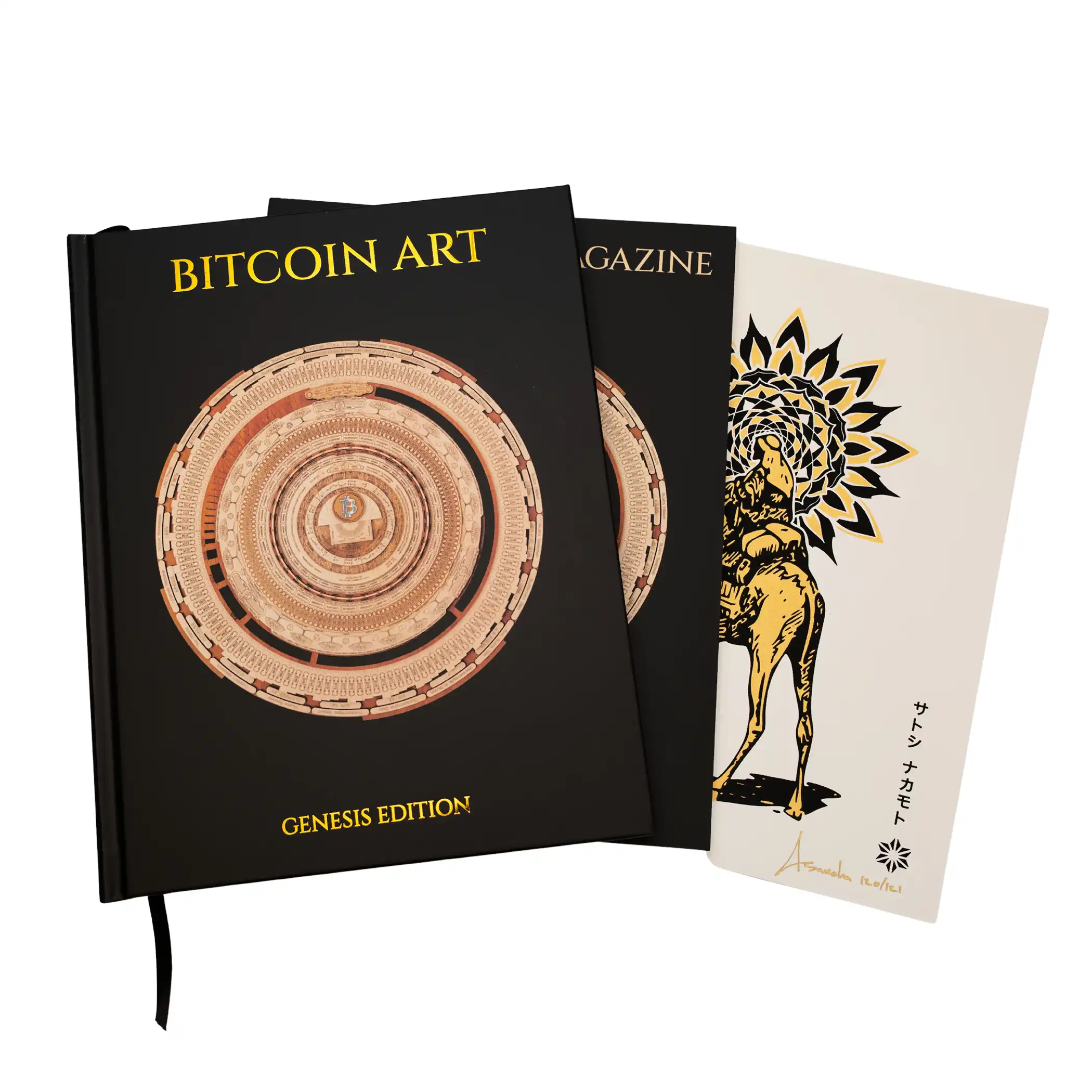Main product image for "Bitcoin Art: Genesis Edition" by Bitcoin Art Magazine including the book, complimentary art print, and bonus magazine