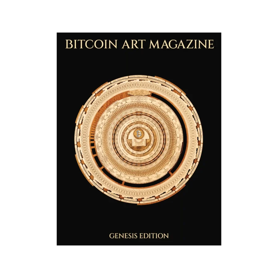 Front cover of the Genesis Edition of Bitcoin Art Magazine, featuring artwork by FractalEncrypt.