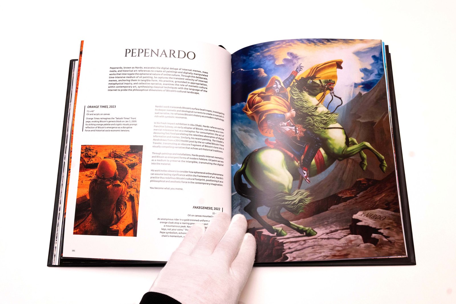Inside spread showcasing Pepenardo artwork from "Bitcoin Art: Genesis Edition" by Bitcoin Art Magazine