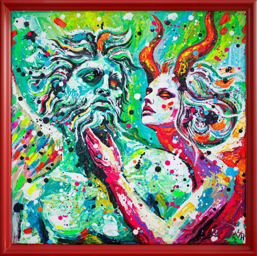 Expressionist acrylic painting of a bearded winged figure facing a horned woman in profile, a small Bitcoin symbol on her left horn.