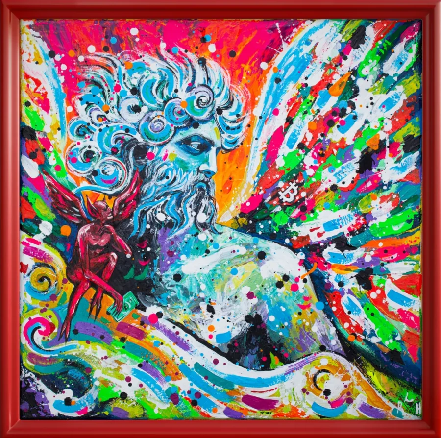 Expressionist acrylic painting of a bearded figure in profile looking towards a Bitcoin symbol with a small red winged angel on his shoulder holding a fiat dollar bill.