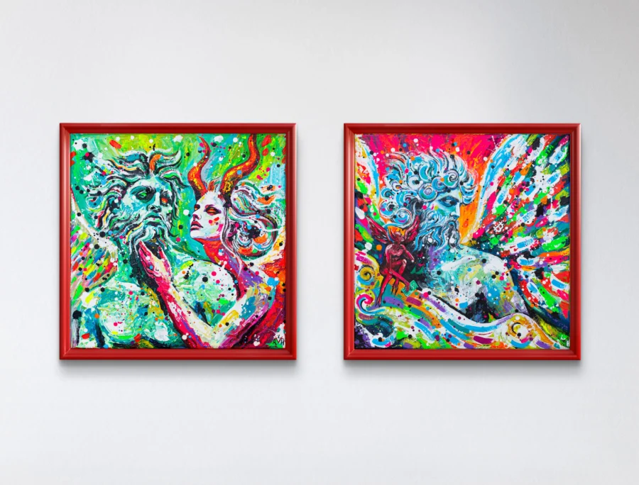 Two red-framed expressionist Bitcoin paintings from the angel series hung side by side on a white gallery wall.