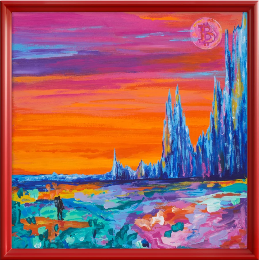 Painting of a lone backpacker facing tall jagged blue peaks under a sunset sky, with a glowing Bitcoin symbol as the sun.