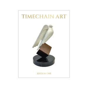 Timechain Art Edition One hardcover book cover with gold lettering and cryptograffiti’s Hal Finney Freedom Prize sculpture.