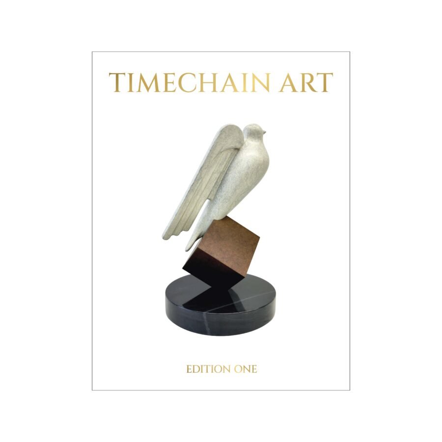 Timechain Art Edition One hardcover book cover with gold lettering and cryptograffiti’s Hal Finney Freedom Prize sculpture.