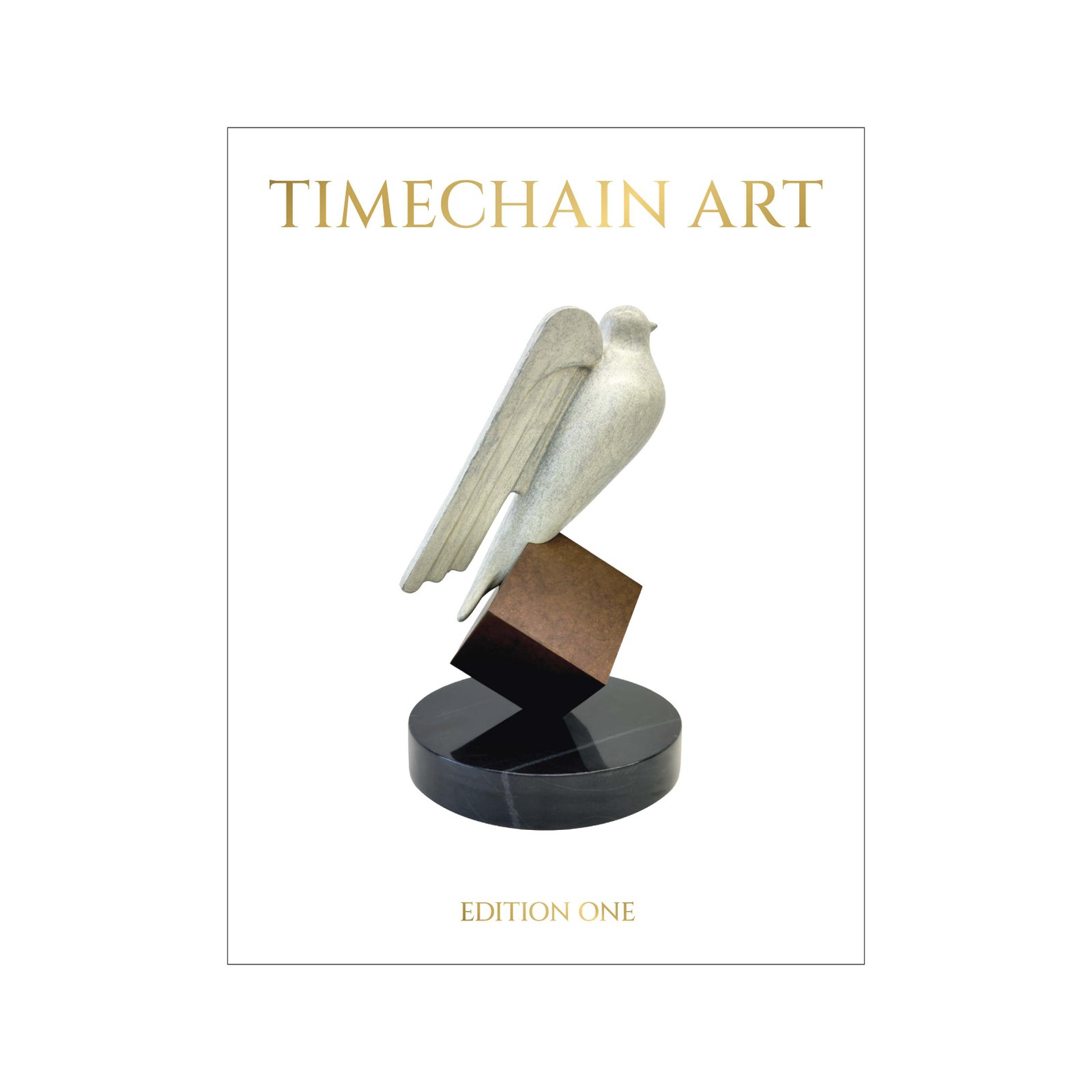 Timechain Art Edition One hardcover book cover with gold lettering and cryptograffiti’s Hal Finney Freedom Prize sculpture.