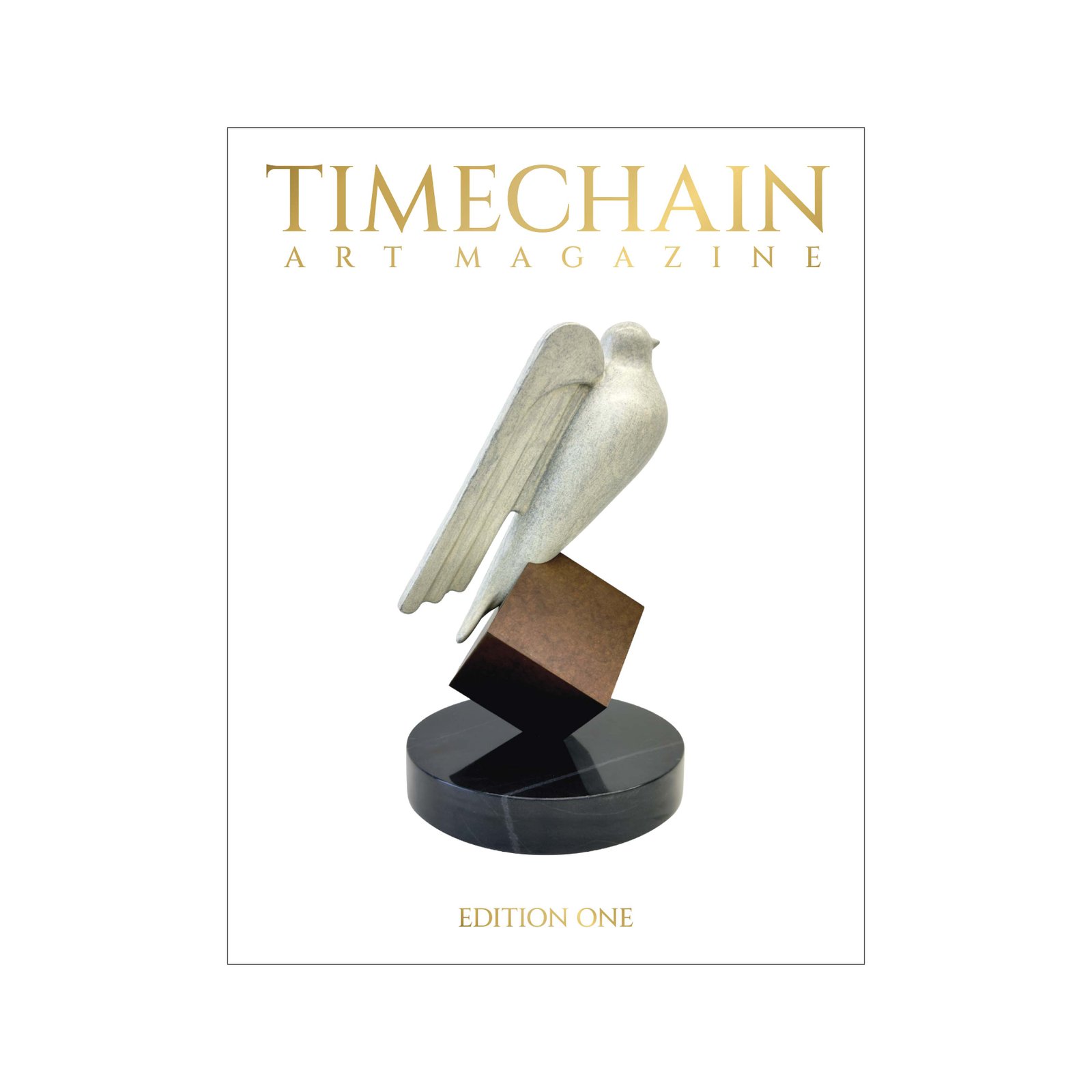 Timechain Art Magazine Edition One foil cover with gold lettering and cryptograffiti’s Hal Finney Freedom Prize sculpture.