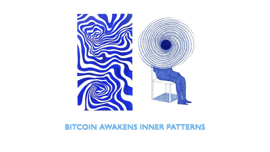 Two blue abstract compositions illustrating Bitcoin awakening inner patterns.