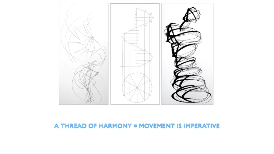 Abstract line studies and a spiral diagram beneath the words A Thread of Harmony.