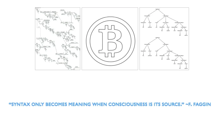 Three-panel illustration featuring a syntax diagram, Bitcoin symbol, and sentence structure diagrams, accompanied by a Federico Faggin quote on consciousness and meaning.
