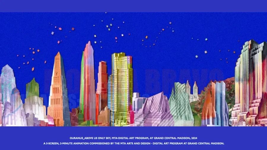Colorful architectural cityscape beneath a star-filled blue sky from Monika Bravo’s 2024 animation “Ouranos, Above Us Only Sky,” commissioned by MTA Arts & Design for Grand Central Madison in New York City.