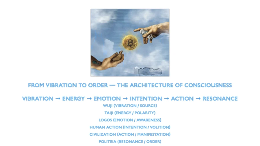 Illustration of a Bitcoin symbol between two hands, with a diagram connecting vibration, energy, intention, human action, and consciousness.